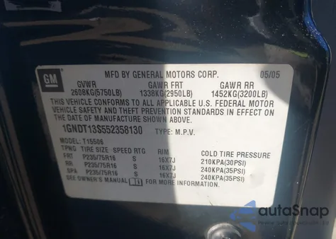 2005 Chevrolet Trailblazer Ls из США, поврежденный, VIN 1GNDT13S552358130